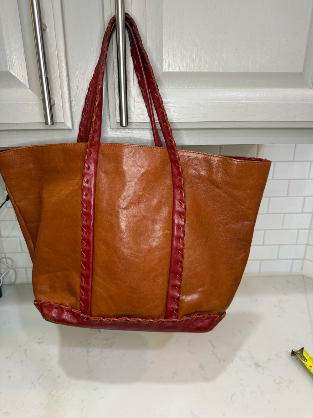 Maurizio Taiuti Vintage Italian Leather Tote Bag Two-Tone Braided Whipstitch